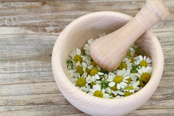 Chamomile flowers in wooden mortar with copy space
