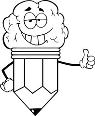 Outlined Clever Pencil With Big Brain Giving A Thumb Up