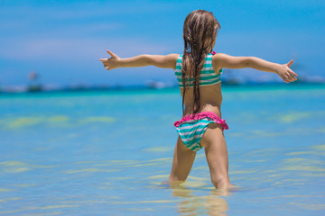 Fototapeta na wymiar Beautiful little girl spread her arms standing at the beach