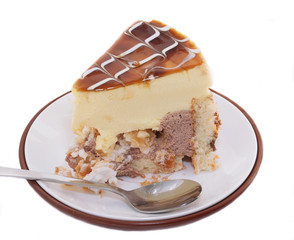 piece of delicious cake with mango mousse. isolated