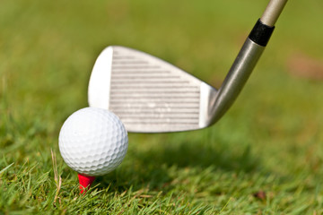 golfball und golfschläger tee auf grünem rasen nahaufnahme