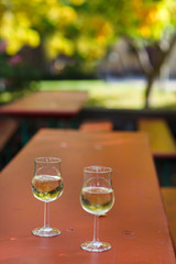 Pair of wine glasses with white wine on vineyard in Rheingau