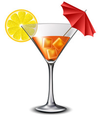 Orange cocktail with lemon slice and umbrella