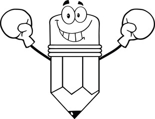 Outlined Smiling Pencil Cartoon Character Wearing Boxing Gloves