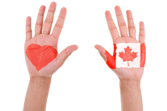 Hands with a painted heart and canadian flag, i love canada conc