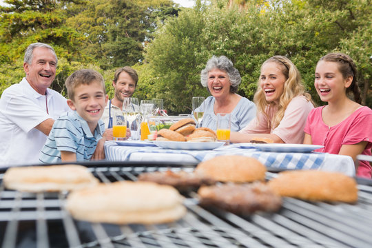 Laughing family having a barbecue in the park together