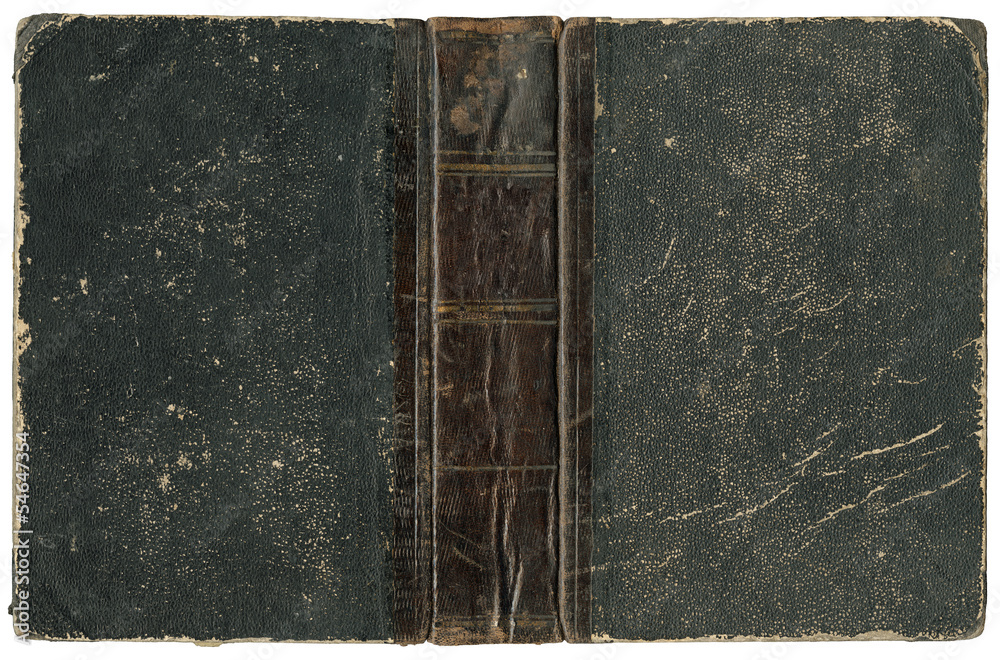 Wall mural old open book cover - worn textured black paper with brown leather spine - circa 1875 - isolated on 