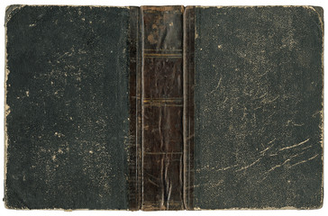 Old open book cover - worn textured black paper with brown leather spine - circa 1875 - isolated on white
