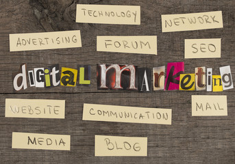 title DIGITAL MARKETING made of letters from newspapers