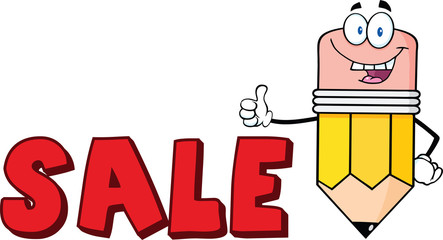 Happy Pencil Cartoon Character Giving A Thumb Up With Text Sale
