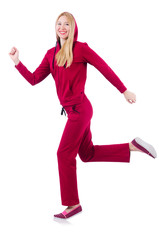 Young woman doing exercises on white