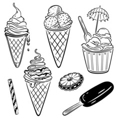 Eis mit Waffeln und Schokolade. Eiscreme, Eisdiele, Vektor Set.