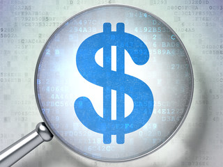 Currency concept:  Dollar with optical glass on digital backgrou