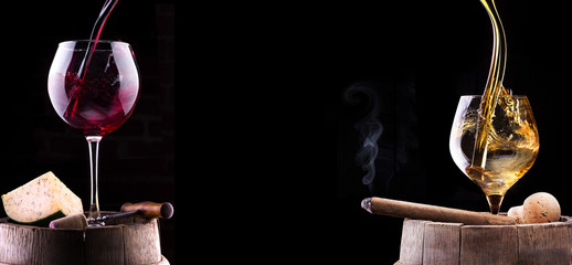 Cognac, wine and Cigar on barrel with food