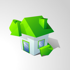 Save nature concept with small house surrounded by green arrow.