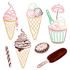 Eis mit Waffeln und Schokolade. Eiscreme, Eisdiele, Vektor Set, bunt.