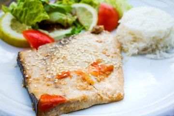 grilled seafood and vegetables