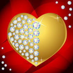 Vector golden heart with diamonds on red