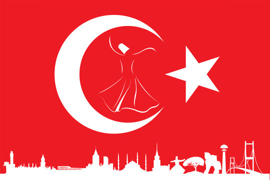 turkish flag and silhouette landmarks vector illustration