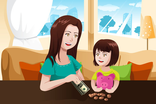 Mother and daughter saving money to a piggy bank