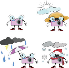 compact camera cartoon in sunny, rainy and winter condition