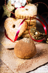 Christmas Gingerbread and chocolate cookies with red ribbon over