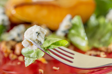 Salad and goat cheese on forks, close up