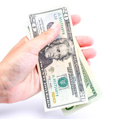 Hand with dollars on white background concept