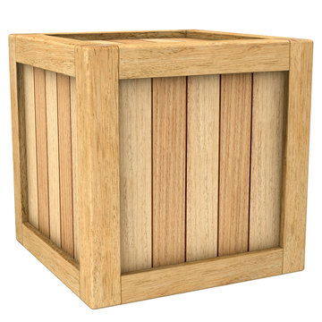 Three dimensional image of wooden box close up isolated.