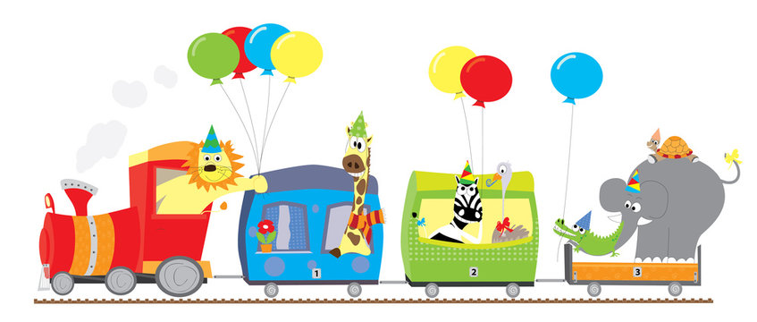 train with animals and balloons - vector illustration
