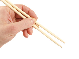 Person holding up chopsticks towards white