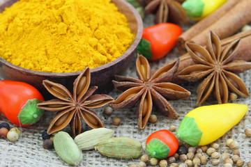 Indian spices and fresh chili peppers on jute surface