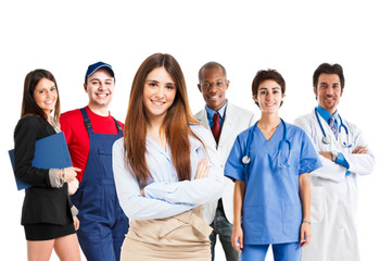 Woman in front of a group of workers