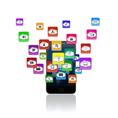 Touch screen mobile phone with colorful application icons,isolat