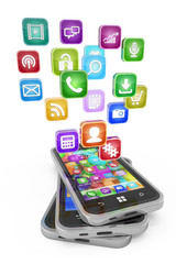 Smartphones with cloud of application icons isolated