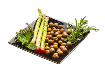 Olives, asparagus, rosemary, mint, thyme and tomato