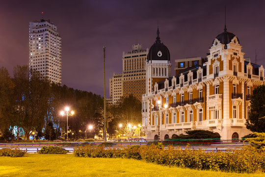 Night view of Spain Square in Madrid,=