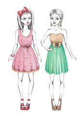 Obraz na płótnie Canvas Fashion girls illustration. Line art and watercolor