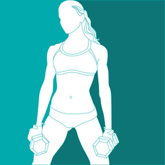 Silhouette of sports girl with dumbbells in hand