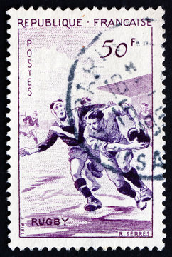Postage stamp France 1956 Rugby, Team Sport