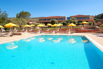 Fototapeta na wymiar Swimming pool at the modern luxury hotel, Thassos island, Greece