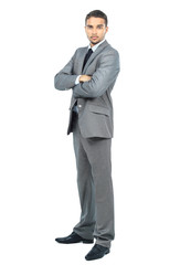 Full body portrait of happy smiling business man