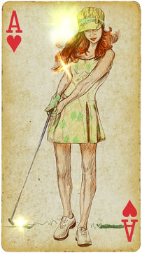 Golf player (Autumn Day). Hand drawn illustration on old card.