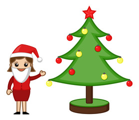 Female Santa Presenting Christmas Tree - Cartoon Characters