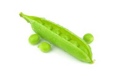 Fresh wet peas in a pod on a white background