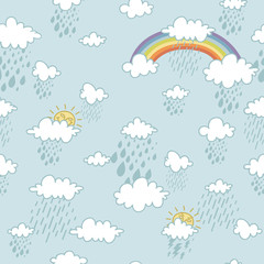 Cartoon seamless pattern with clouds and rainbow
