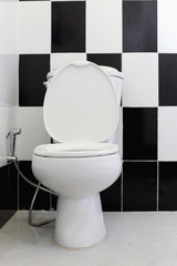 White toilet bowl in the bathroom. Alternating black and white t