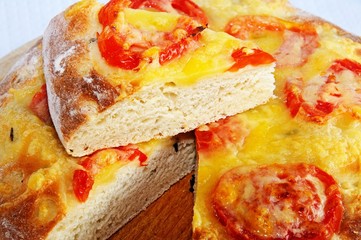 Italian Focaccia bread topped with cheese and tomato.