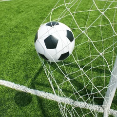 Foto op Plexiglas Voetbal Soccer football field stadium grass line ball background texture