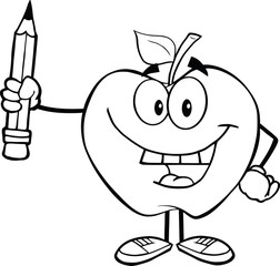 Outlined Happy Apple Character Holding Up A Pencil